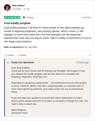 screenshot of spinlander casino trustpilot review from user Shay Falknor