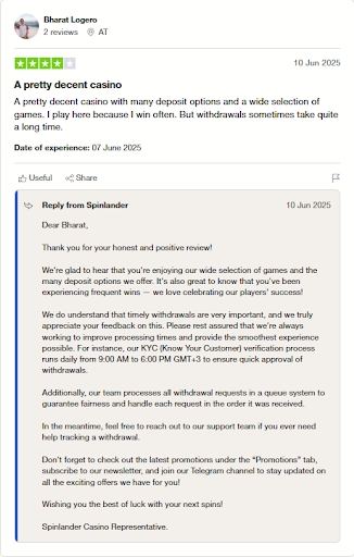 screenshot of spinlander casino trustpilot review from user Bharat Logero