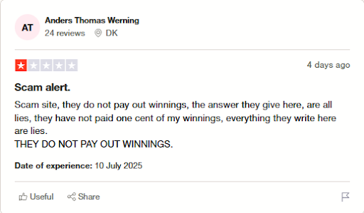screenshot of spinlander casino trustpilot review from user Anders Thomas Werning