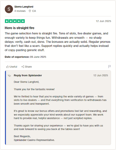screenshot of spinlander casino trustpilot review from user Sierra Langford