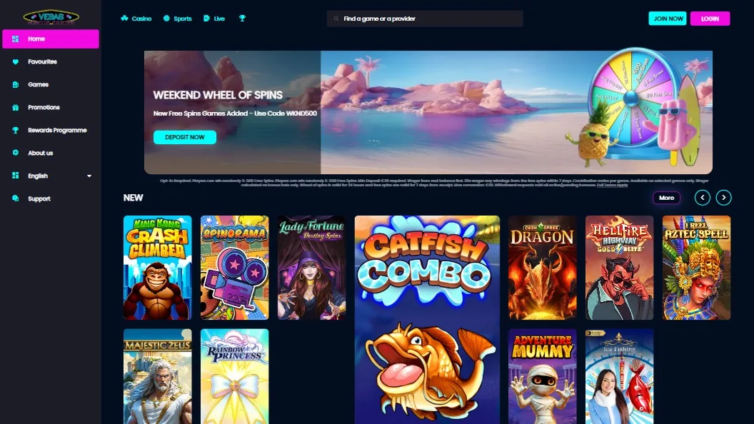 a screenshot of vegas mobile casino homepage