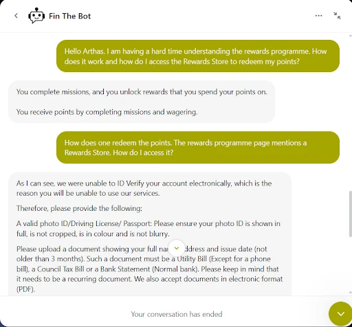 a screenshot of a live chat conversation at vegas mobile casino
