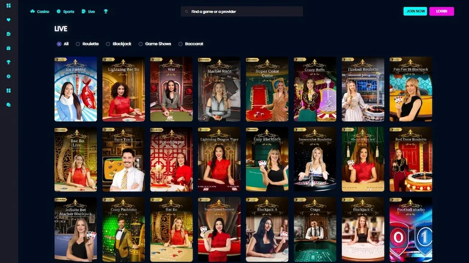 a screenshot of vegas mobile casino live dealer lobby