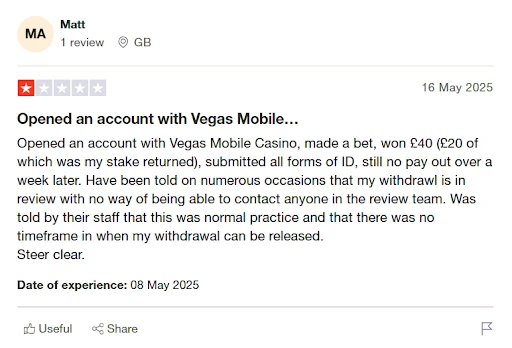 a screenshot of vegas mobile casino trustpilot by user Matt