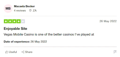 screenshot of vegas mobile casino trustpilot by user Macaela Becker