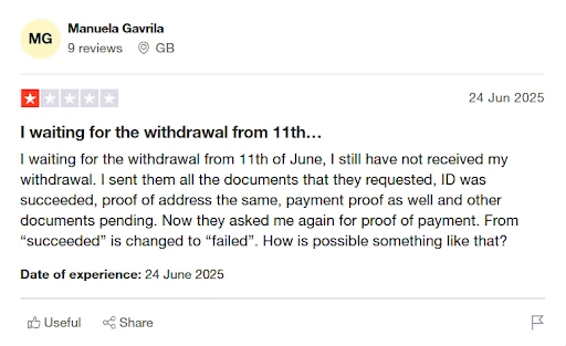 screenshot of vegas mobile casino trustpilot by user Manuela Gavrila