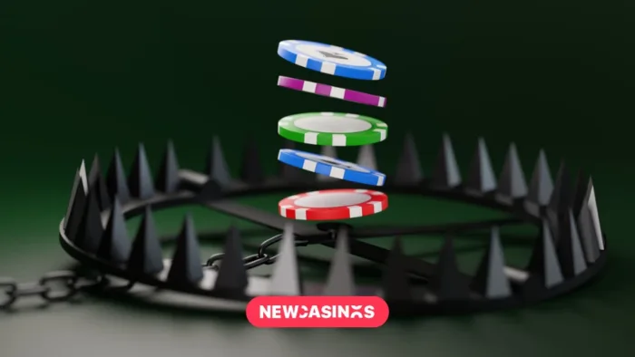 A bear trap graphic with poker chips falling into it. With the New Casinos logo