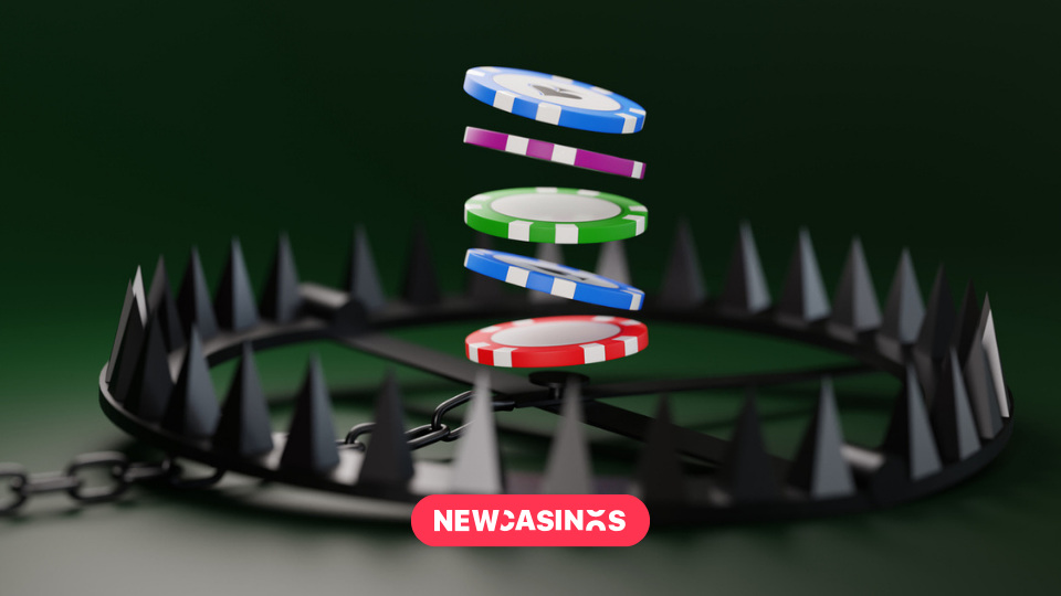 A bear trap graphic with poker chips falling into it. With the New Casinos logo