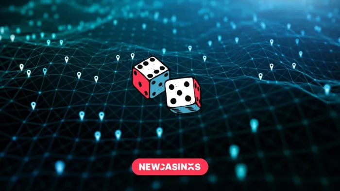 An overview of locations on a map denoted by pin logos, with a dice in the foreground and the NewCasinos logo in red.