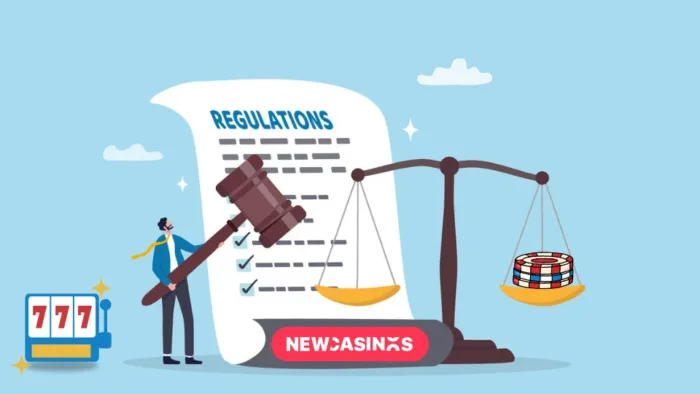 Graphic showing regulations and giant scales with poker chips in one side. A man with a slot machine stand beside.