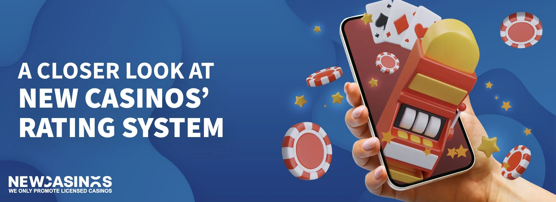 a hand holding a mobile phone displaying icons of a slot machine, cards and floating chips with the text ''a closer look at newcasinos' rating system''