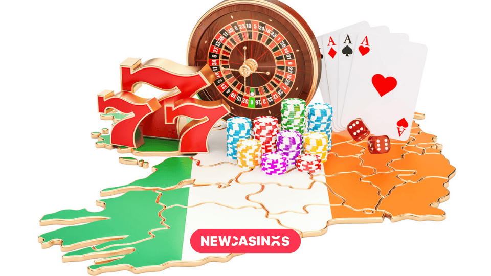 Ireland graphic showing the flag colours over the landmass. Gambling items are in frame with chips, dice and a roulette wheel.