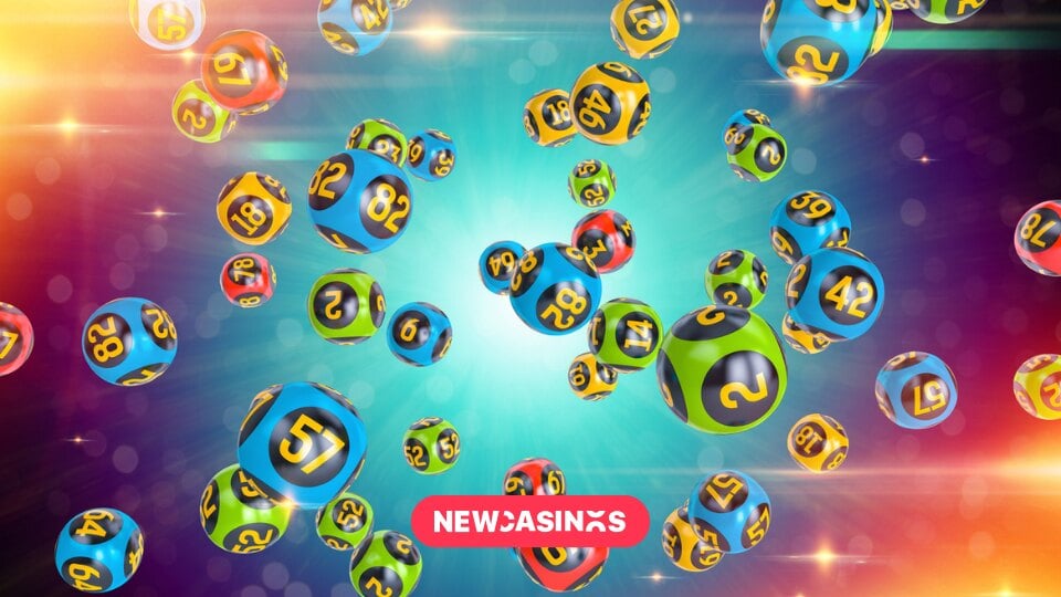 Bingo style balls flying around with a blue, teal background. The New Casinos logo in the foreground.