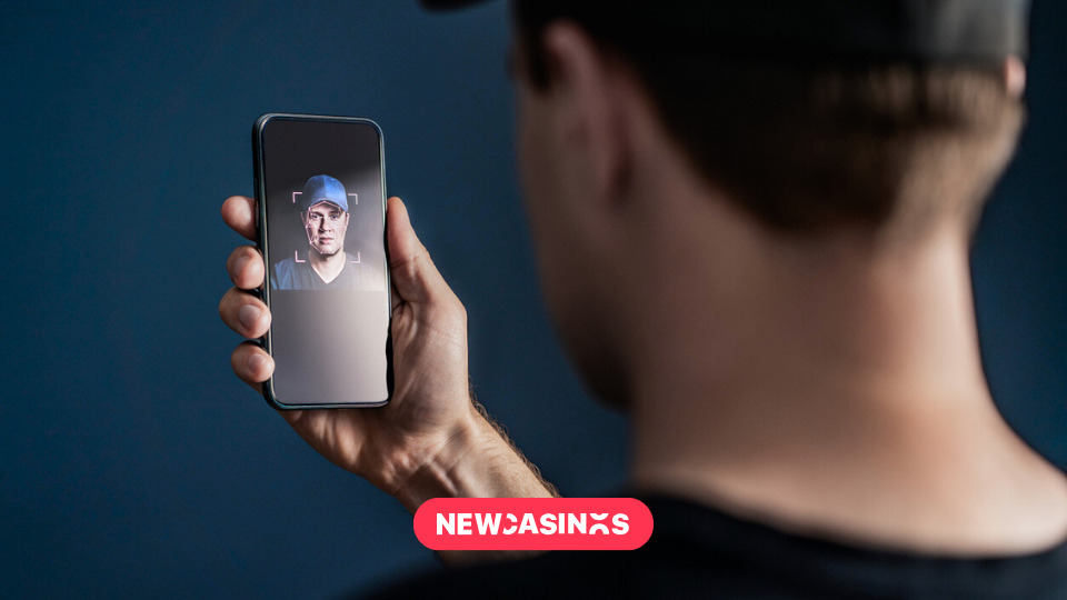 A man holding out his face as it scans his face through recognition software. The New Casinos logo in the foreground.