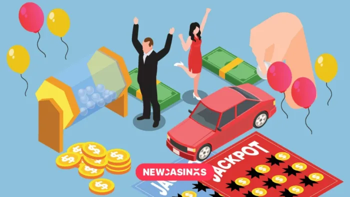 Graphic of man and woman celebrating with gambling apparatus nearby.