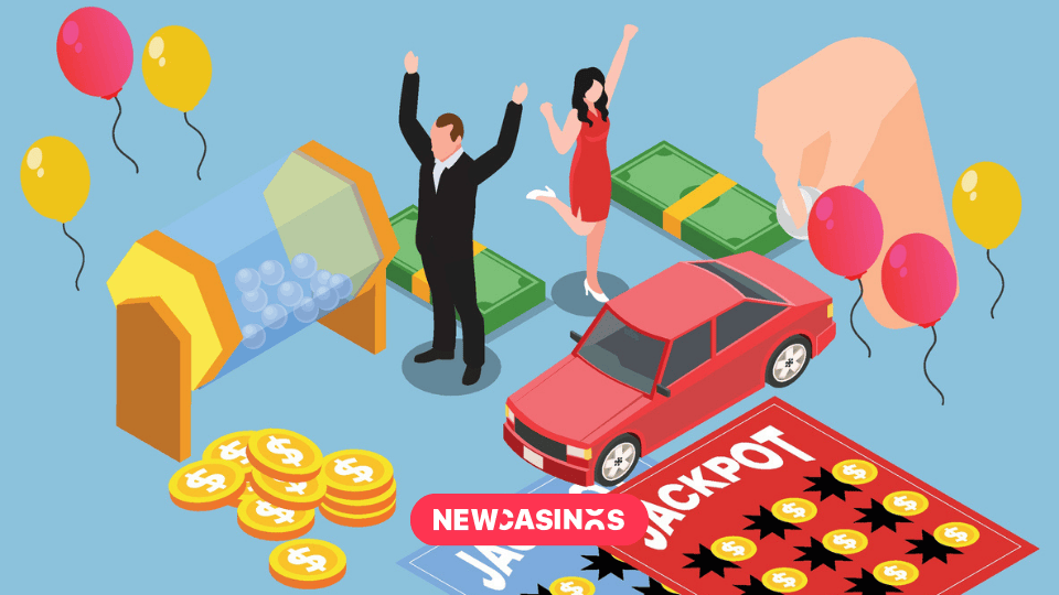 Graphic of man and woman celebrating with gambling apparatus nearby.