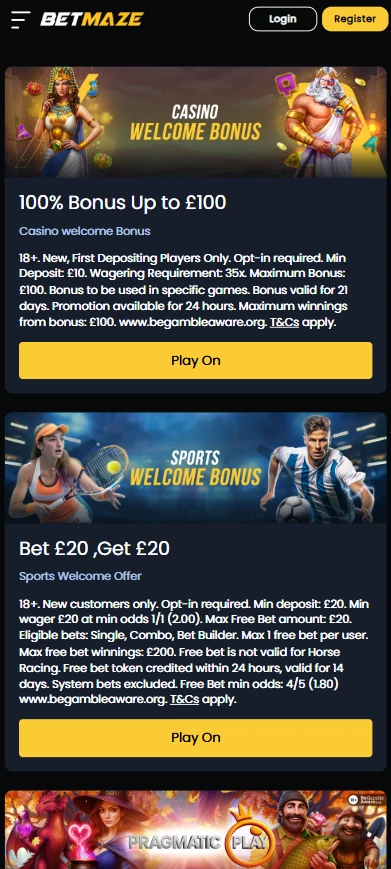 betmaze mobile bonus page