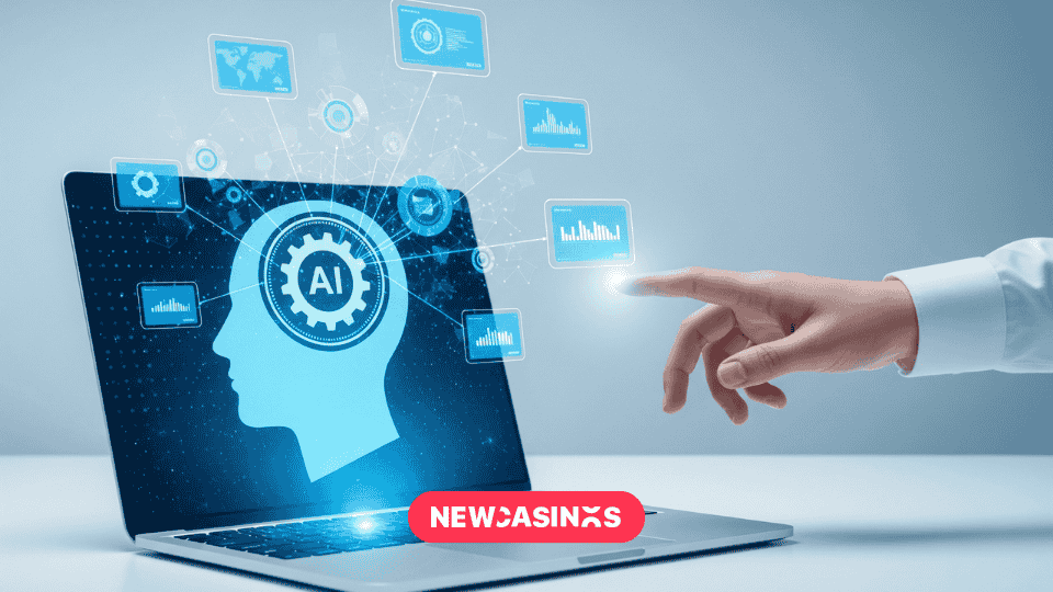 Hand interacting with laptop showing AI brain hologram and connected data visualization icons against blue background