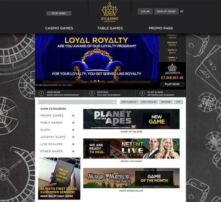 21 Casino homepage