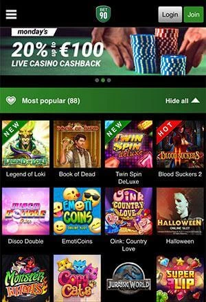 Bet90 Casino Mobile Screen