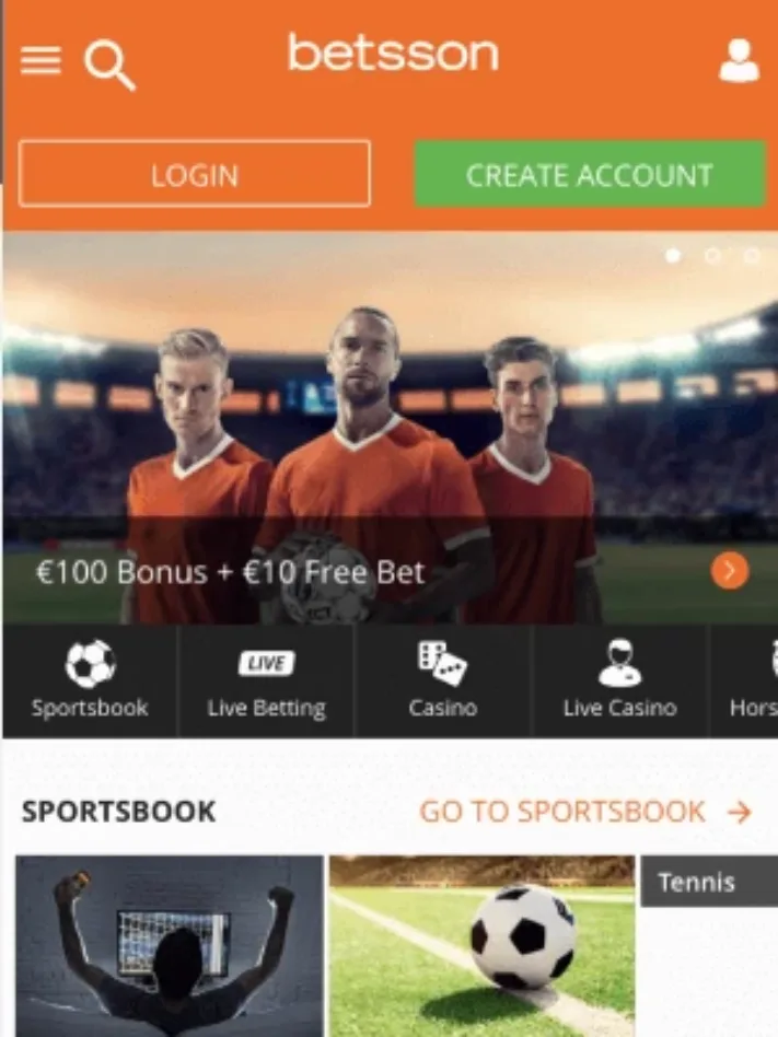 Betsson casino homepage on mobile