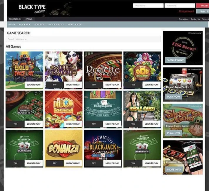 Black Type Casino Homepage