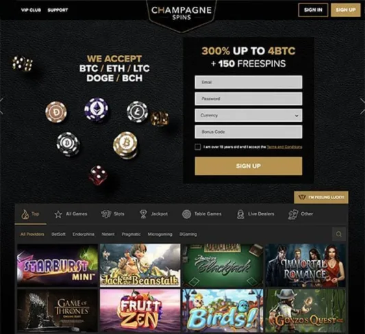 Champagne Spins Casino Homepage