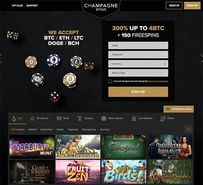 Champagne Spins Casino Homepage