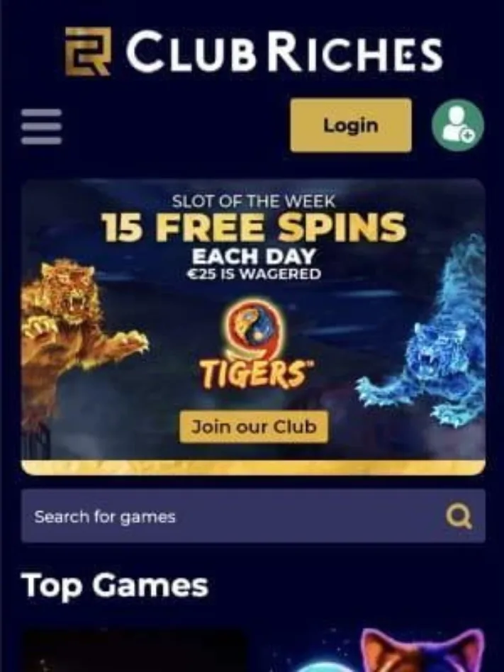 Club Riches Casino homepage on mobile