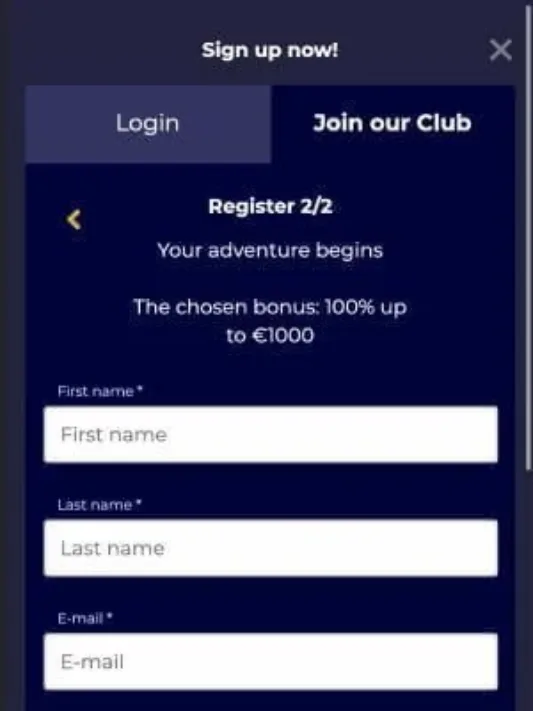 Club Riches Casino registration on mobile