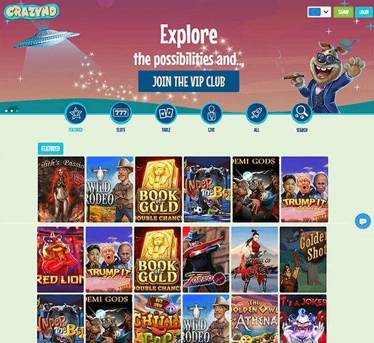 Crazy No homepage featuring thumbnail icons of games available.