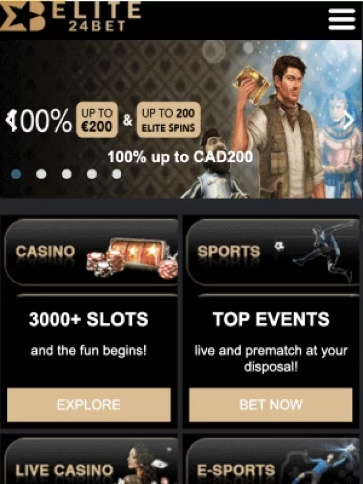 Elite24Bet Casino homepage on mobile
