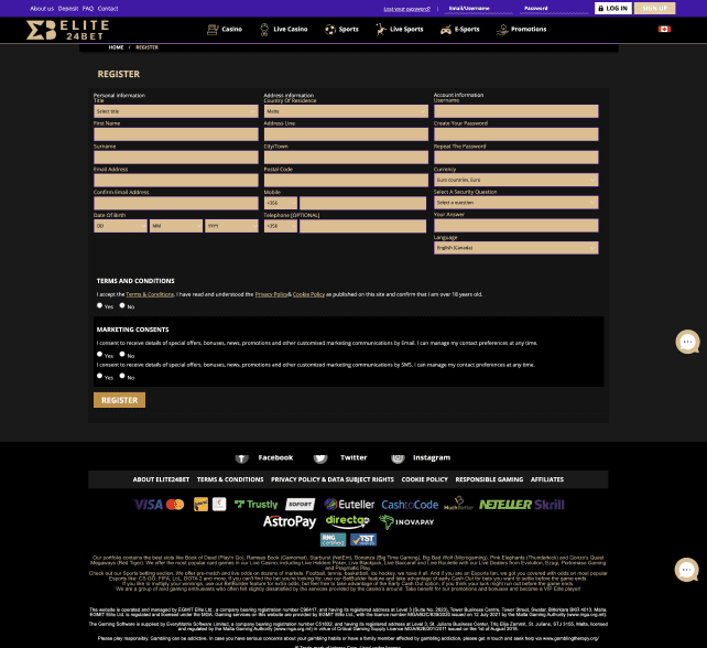 Elite24Bet Casino registration