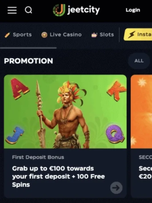 JeetCity casino homepage on mobile