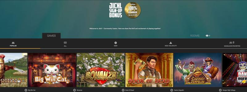 Jickl casino homepage image featuring colourful game icons.