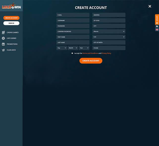 Create an account at Loco Win