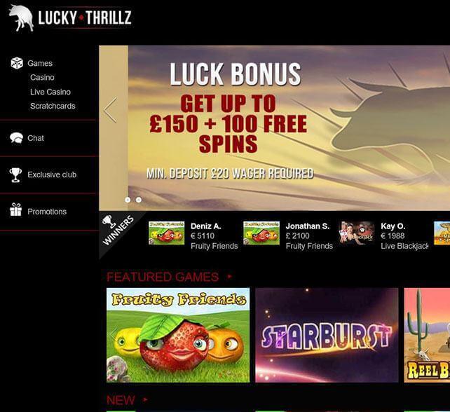 Lucky Thrillz Casino Homepage Screenshot