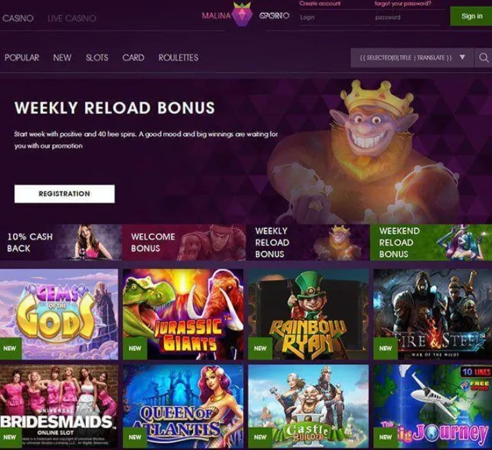 Malina Casino Homepage