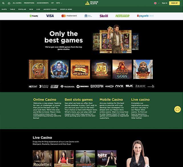 Mason Slots homepage
