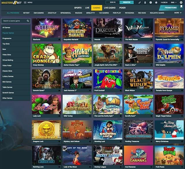 Masters Bet Casino Games Selection