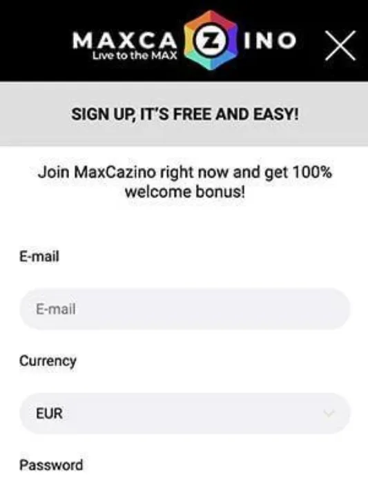 MaxCazino Mobile signup