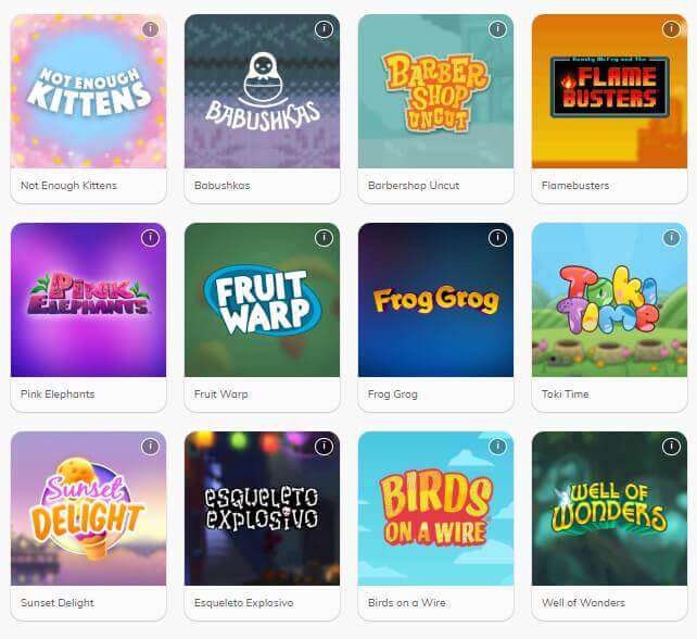Thumbnail logos for the games Not Enough Kittens, Babushkas, Barbershop Uncut, Flamebusters, Pink Elephants, Fruit Warp, Frog Grog, Toki Time, Sunset Delight, Esqueleto Explosivo, Birds on a Wire and Well of Wonders