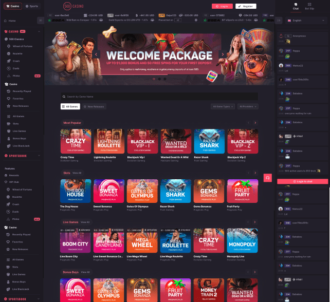 500 Casino screenshot of the homepage