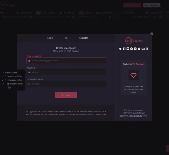 500 Casino screenshot of the registration