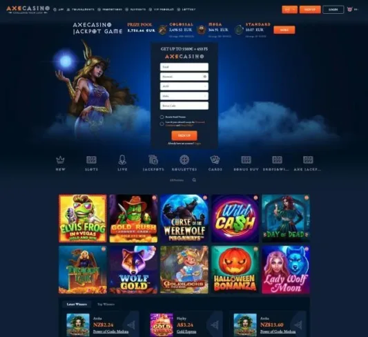 Screenshot of Axe Casino homepage