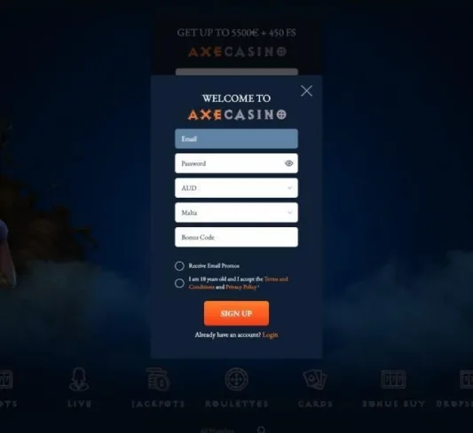 Screenshot of Axe Casino registration