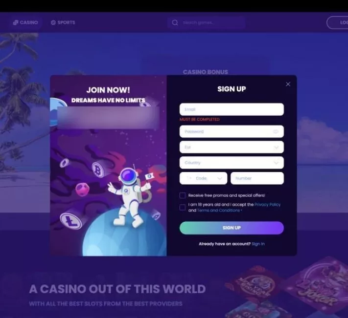 Screenshot of BitDreams Casino registration