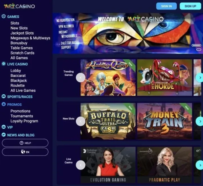 Screenshot of Art Casino homepage