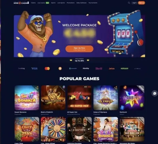 Nine Casino screenshot of homepage