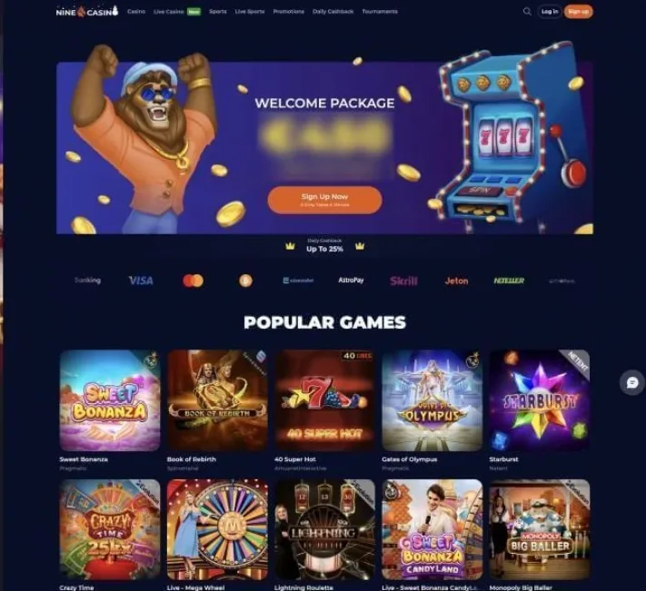 Nine Casino screenshot of homepage